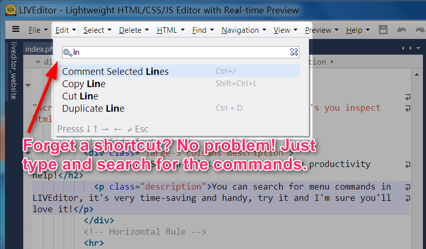 Search menu commands in LIVEditor text editor