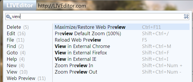 type to find menu commands in LIVEditor text editor